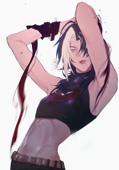 1girl bat_signal batman_(series) batman_symbol black_hair blue_eyes breasts dc_comics genderswap genderswap_(mtf) ggrinisabel highres jason_todd looking_at_viewer midriff multicolored_hair open_mouth pants red_hood_and_the_outlaws short_hair simple_background solo taut_bodysuit