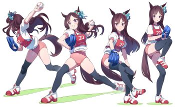 1girl absurdres animal_ears ball baseball baseball_glove black_thighhighs blush brown_hair buruma clenched_teeth closed_mouth highres holding holding_ball horse_ears horse_girl horse_tail long_hair mejiro_dober_(umamusume) motion_blur multiple_views nishiki_kazue open_mouth pink_buruma pitching puffy_short_sleeves puffy_sleeves purple_eyes race_bib sequential shirt shoes short_sleeves simple_background sneakers standing standing_on_one_leg tail teeth thighhighs throwing umamusume v-shaped_eyebrows white_background white_shirt