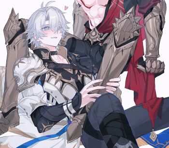 2boys antenna_hair armlet armor armored_boots black_choker black_coat black_pants black_shirt blue_cape blue_eyes blush boots cape chest_tattoo chinese_commentary choker clawed_gauntlets coat commentary earrings gold_earrings gold_necklace highres honkai:_star_rail honkai_(series) jewelry male_focus multiple_boys mydei_(honkai:_star_rail) necklace open_clothes open_coat pants parted_bangs pauldrons phainon_(honkai:_star_rail) red_cape red_tattoo shirt short_hair shoulder_armor side_cape single_pauldron tattoo tydjd071 white_coat white_hair yaoi