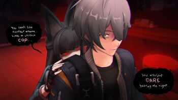 1boy 1girl 3d animal_ear_fluff animal_ears behind_another black_gloves black_hair blunt_bangs fox_ears fox_girl gloves grabbing_from_behind grey_hair hair_between_eyes headpatsforklee69 highres hoshimi_miyabi jacket long_hair red_eyes shirt short_hair wise_(zenless_zone_zero) yandere zenless_zone_zero