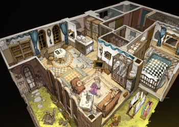 1girl artist_name bed bedroom carp clock computer couch counter cupboard curtains cushion day demizu_posuka door dress drying drying_clothes from_above grass grey_hair holding holding_unworn_clothes holding_unworn_dress isometric kitchen laptop laundry living_room original pavement pelt pendulum_clock picture_frame plant potted_plant purple_dress running_bond shirt shoes shorts sink solo standing table tablecloth torch toy_ship treasure_chest unworn_dress white_shirt window wooden_floor