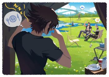 4boys arm_up black_hair black_pants black_shirt blonde_hair blue_sky border camping camping_chair can chair cloud cooking_pot cup day drink_carton final_fantasy final_fantasy_xv fishing_rod folding_chair gladiolus_amicitia glasses grass grey_hair hashtag-only_commentary highres holding holding_fishing_rod ignis_scientia instant_cup_noodles instant_noodles jewelry male_focus milk_carton multiple_boys necklace noctis_lucis_caelum on_chair open_mouth outdoors pants prompto_argentum s_saremi shirt shoes short_sleeves sitting sky spiked_hair standing tent white_border zzz