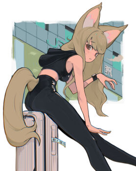 1girl absurdres animal_ear_fluff animal_ears ass bare_arms bare_shoulders black_pants blush breasts brown_eyes brown_hair clothing_cutout commentary crop_top english_commentary eudetenis fox_ears fox_girl fox_tail from_side highres hood hood_down long_hair looking_at_viewer looking_to_the_side medium_breasts original pants parted_lips sitting sleeveless solo suitcase tail tail_through_clothes tight_clothes tight_pants watch wristwatch