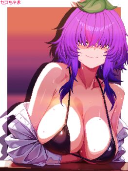 1girl bikini black_bikini breasts cleavage commentary crossed_bangs eggplant english_commentary hair_over_eyes highres indie_virtual_youtuber large_breasts leaf leaf_on_head multicolored_hair open_clothes open_shirt orange_eyes pixel_art purple_hair sachiihappy sethchamachama shirt sidelocks smile solo swimsuit symbol-shaped_pupils virtual_youtuber wet white_shirt