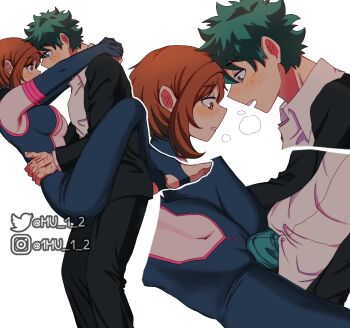 1boy 1girl back blush bodysuit boku_no_hero_academia breasts brown_eyes brown_hair bulge carrying carrying_person commentary covered_navel english_commentary erection erection_under_clothes frottage green_eyes green_hair heavy_breathing highres instagram_username large_breasts leg_lock midoriya_izuku mu_1_2 scar scar_on_hand stirrup_legwear superhero_costume suspended_congress toeless_legwear twitter_username uraraka_ochako