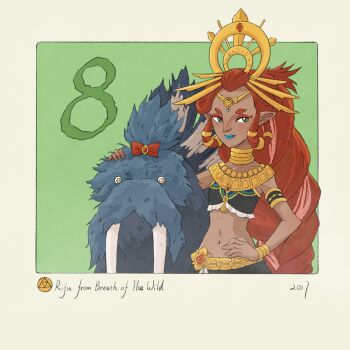 1girl animal blue_fur blue_lips character_name commentary copyright_name crop_top english_commentary gerudo green_background hand_on_own_hip highres jewelry lipstick long_hair makeup navel nintendo patricia_(zelda) pointy_ears red_hair riju sand_seal_(zelda) skirt solo the_legend_of_zelda the_legend_of_zelda:_breath_of_the_wild triforce tusks yangyaozigo