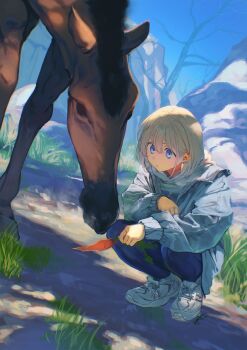 1girl bare_tree blue_eyes blue_pants blue_sky carrot day earrings grey_hair grey_jacket highres holding holding_carrot horse idolmaster idolmaster_shiny_colors jacket jewelry long_sleeves looking_at_animal new_balance otsudou outdoors pants parted_lips serizawa_asahi shoes short_hair signature sky sneakers solo squatting tree white_shoes