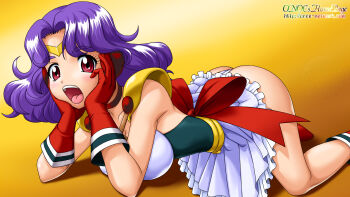 1990s_(style) 1girl :o ai_tenshi_densetsu_wedding_peach artist_name bad_id bad_pixiv_id bow choker female_focus frills gloves head_rest highres kawanami_hiromi looking_at_viewer magical_girl onoe orange_background panties purple_hair red_bow red_eyes red_gloves retro_artstyle shoulder_pads skirt solo tiara tongue underwear watermark web_address white_panties white_skirt