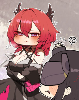1boy 1girl absurdres arknights arknights:_endfield black_dress black_horns black_mask blush breasts chroong cleavage commentary_request dress endministrator_(arknights) eye_mask gradient_background grey_background hair_between_eyes highres horns korean_commentary laevatain_(arknights) large_breasts looking_at_another male_endministrator_(arknights) mask purple_eyes red_hair surtr_(arknights) sweat