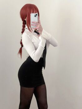 1girl ass ass_focus black_skirt braid chainsaw_man cosplay earrings female_pervert highres jewelry long_hair makima_(chainsaw_man) makima_(chainsaw_man)_(cosplay) medium_hair miniskirt pantyhose pervert photo_(medium) real_life red_hair selfie skirt solo standing
