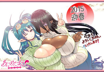 2girls ;) anime-tamae!_tensei_no_miko aqua_hair artist_name black_hair breasts cleavage commentary_request copyright_name dark-skinned_female dark_skin dated ghost glowing glowing_eyes goggles goggles_on_head hantu_tetek huge_breasts iso-onna long_sleeves multiple_girls one_eye_closed open-chest_sweater pointy_ears rebis ribbed_sweater smile sweat sweater tan trembling twintails