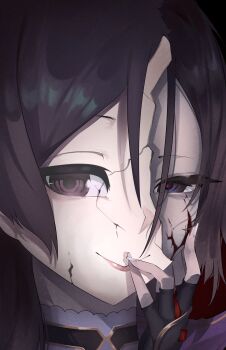 absurdres blood fate/grand_order fate_(series) gloves highres long_hair mask meme minamoto_no_raikou_(fate) purple_eyes purple_hair simple_background slob_slime smile