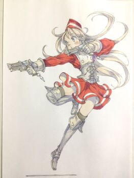 1girl aiming belt belt_buckle blonde_hair blue_eyes boots brown_thighhighs buckle commentary corset dual_wielding full_body garrison_cap gloves grey_boots grey_corset grey_gloves gun handgun hat highres holding holding_gun holding_weapon leg_up long_hair open_mouth original peter_salt red_hat red_shirt red_skirt shirt skirt sleeve_cuffs solo thigh_boots thighhighs traditional_media turning_head underbust very_long_hair weapon white_belt