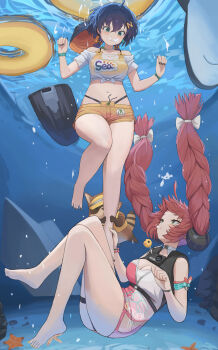 2girls absurdres belle_(summer_skies)_(zenless_zone_zero) belle_(zenless_zone_zero) bikini bikini_top_under_shirt bikini_under_clothes blue_hair braid braided_twintails breasts bucket_hat dolri green_eyes hair_ornament hat highres holding_breath innertube jet_ski letter_hair_ornament medium_breasts multiple_girls navel off-shoulder_shirt off_shoulder one-piece_swimsuit orange_bikini orange_shorts pink_one-piece_swimsuit red_hair see-through_clothes see-through_shirt shark shirt short_hair shorts sphere_hair_ornament starfish swim_ring swimsuit tanuki tied_shirt two-tone_one-piece_swimsuit ukinami_yuzuha ukinami_yuzuha_(tanuki_in_broad_daylight) underwater watercraft white_one-piece_swimsuit white_shirt zenless_zone_zero