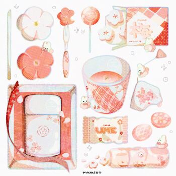 artist_name closed_eyes commentary commentary_request cup drink flower food food_wrapper fork fruit highres knolling liquid moyaco no_humans original signature simple_background snack solid_circle_eyes solid_eyes translation_request white_background