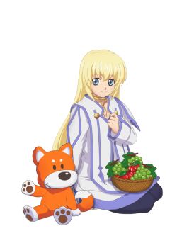 Rule 34 | 1girl, artist request, basket, black pantyhose, blonde hair, blue eyes, blue trim, closed mouth, colette brunel, food, fruit, full body, game cg, gem, gold choker, jewelry, long hair, looking at viewer, necklace, official art, on floor, pantyhose, red gem, smile, solo, stuffed toy, tales of (series), tales of asteria, tales of symphonia, third-party source, transparent background