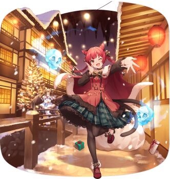 2girls :d ;d alternate_costume animal_ear_fluff animal_ears artist_request belt black_bow black_bowtie black_choker blush boots bow bowtie box braid brown_pantyhose brown_wings cape cat_ears cat_tail choker christmas christmas_tree dress extra_ears feathered_wings fire flaming_skull floating_skull full_body fur-trimmed_cape fur-trimmed_dress fur_trim game_asset gift gift_box green_skirt hair_bow kaenbyou_rin lace lace-trimmed_skirt lace_trim lantern leg_up looking_at_viewer multiple_girls multiple_tails nekomata night non-web_source official_art one_eye_closed open_mouth outdoors pantyhose paper_lantern plaid_clothes plaid_skirt red_belt red_boots red_cape red_hair red_shirt sack self-datamine shirt simple_background skirt skull smile snow snowing solo_focus tail touhou touhou_arcadia_record transparent_background twin_braids two_tails white_dress wings