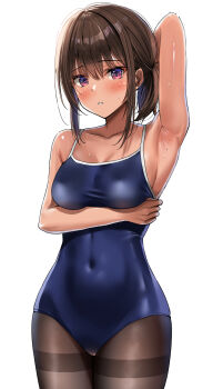 1girl arm_under_breasts arm_up armpit_focus armpits bare_arms black_pantyhose blue_one-piece_swimsuit blush breasts brown_eyes brown_hair collarbone commentary_request competition_school_swimsuit covered_erect_nipples covered_navel cowboy_shot dark_skin highres looking_at_viewer medium_breasts medium_hair mole mole_on_armpit one-piece_swimsuit original pantyhose pantyhose_under_swimsuit parted_lips presenting_armpit school_swimsuit sidelocks simple_background solo standing sweat swimsuit white_background yukemuriganmo
