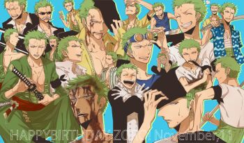10s 1boy 2014 bandages bandana birthday blood chopsticks disguise dressrosa drum_island earrings east_blue eating enies_lobby fake_facial_hair fake_mustache food gloves goggles green_hair haramaki jacket jewelry multiple_persona one-eyed one_piece open_clothes open_shirt robe roronoa_zoro sabaody_archipelago scar shirt short_sleeves skypiea smile striped_clothes striped_shirt sunglasses sword t-shirt tank_top thriller_bark v weapon