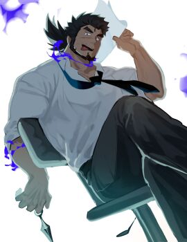 Rule 34 | 1boy, backlighting, bara, beard, black hair, blue fire, chair, chinstrap beard, commentary request, dark-skinned male, dark skin, facial hair, facial scar, feet out of frame, fire, forked eyebrows, from below, highres, holding, holding kunai, holding paper, holding weapon, kunai, large pectorals, looking at viewer, loose necktie, male focus, mature male, momodayuu4, muscular, muscular male, necktie, on chair, pants, paper, pectorals, sandayu (housamo), scar, scar on cheek, scar on face, solo, thick eyebrows, tokyo houkago summoners, tongue, tongue out, weapon