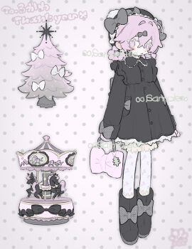 1other :< am314 androgynous black_bow black_dress black_hat black_shoes blush bow bow-shaped_bag carousel christmas_tree commentary_request commission dot_nose dress flipped_hair floral_print footwear_bow grey_background hair_bow hair_rings hat highres horse looking_at_viewer original pantyhose pink_eyes pink_hair polka_dot polka_dot_background sample_watermark shoes short_hair simple_background skeb_commission watermark white_pantyhose
