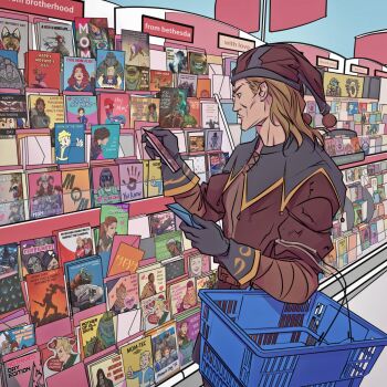 adoring_fan bethesda black_gloves blonde_hair cacodemon cicero_(skyrim) commentary doom_(series) doom_cover_parody doomguy dovahkiin ducktales english_commentary english_text fallout from_side gloves hands_up hat heart highres jester jester_cap jester_costume medium_hair mickey_mouse_&amp;_friends mother&#039;s_day official_art postcard_rack sheogorath shop shopping_basket the_elder_scrolls the_elder_scrolls_ii:_daggerfall the_elder_scrolls_iv:_oblivion the_elder_scrolls_v:_skyrim the_underking_(the_elder_scrolls) vault_boy