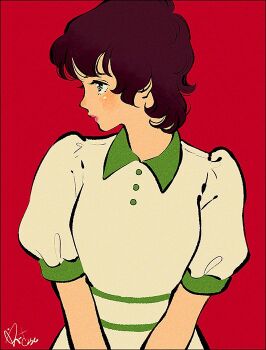 1girl blush brown_hair closed_mouth dress looking_to_the_side noaki original pink_lips puffy_short_sleeves puffy_sleeves red_background short_hair short_sleeves signature simple_background solo upper_body white_dress