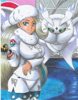 1girl arms_under_breasts blue_eyes breasts earrings frosmoth gen_8_pokemon gloves highres holding jewelry large_breasts long_hair looking_at_viewer melony_(pokemon) nintendo pokemon pokemon_(creature) pokemon_swsh ravernclouk_design signature smile tagme