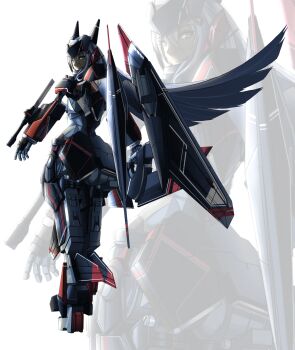 1girl aircraft airplane attack_aircraft blue_hair f-117_nighthawk female_focus fighter_jet grey_eyes helmet highres jet_engine long_hair looking_back mecha_musume military military_vehicle personification saggitary solo stealth stealth_aircraft stealth_attack_aircraft wings zoom_layer