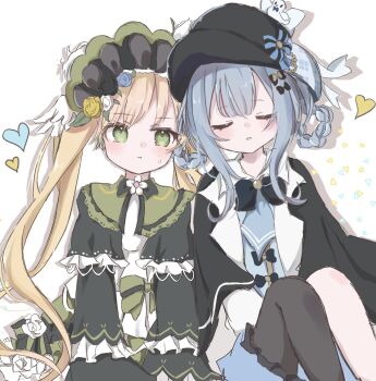 Rule 34 | 2girls, black capelet, black hat, black pantyhose, blonde hair, blue hair, blue necktie, braid, braided hair rings, capelet, commentary request, cowboy shot, deerstalker, dress, flower, green bonnet, green dress, green eyes, hair rings, hat, heart, highres, long hair, long sleeves, looking at another, mahou shoujo no majo saiban, meruto (cuq oz), multiple girls, necktie, pantyhose, pout, rose, short hair, single leg pantyhose, sitting, sweatdrop, tachibana sherry, tono hanna, twintails, yellow flower, yellow rose