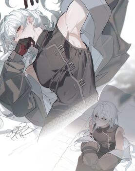 1boy a_date_with_death armpits bare_shoulders bishounen black_gloves casper_(a_date_with_death) coat cowboy_shot gloves jacket long_hair male_focus mtk_(souko) red_eyes sleeveless solo toned toned_male white_hair