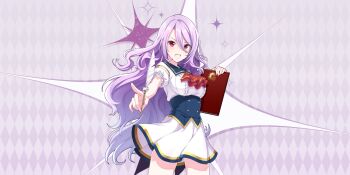 Rule 34 | 1girl, argyle background, blue corset, blue sailor collar, blush, breasts, buttons, corset, cowboy shot, dot nose, double-breasted, dress, emilia (lapis re:lights), feathers, game cg, hair between eyes, highres, holding, holding quill, lapis re:lights, large breasts, long hair, looking at viewer, official art, open mouth, outstretched arm, pointing, pointing at viewer, purple background, purple hair, quill, red eyes, sailor collar, short sleeves, skirt, solo, sparkle background, third-party source, underbust, very long hair, white dress, white feathers, white skirt