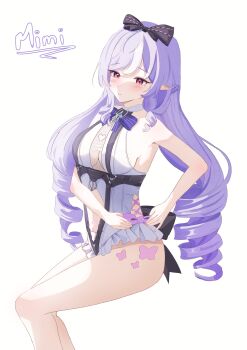 1girl absurdres blush bow frilled_one-piece_swimsuit frills hair_bow highres long_hair mimiliaa mole mole_under_eye multicolored_hair navel official_alternate_costume one-piece_swimsuit purple_hair ribbon simple_background sitting streaked_hair swimsuit thighs vivian_banshee vivian_banshee_(iris_of_the_shore) white_one-piece_swimsuit zenless_zone_zero