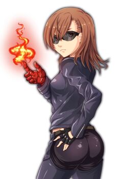 1girl ass bodysuit breasts brown_eyes brown_hair cosplay eyebrows_hidden_by_hair female_focus fingerless_gloves fire frown glasses gloves highres jacket k&#039;_(cosplay) k&#039;_(kof) long_hair looking_at_viewer misaka_mikoto pyrokinesis shiny_clothes sideboob simple_background snk solo sunglasses the_king_of_fighters tinted_eyewear toaru_kagaku_no_railgun toaru_majutsu_no_index transparent_background you_xi_feng