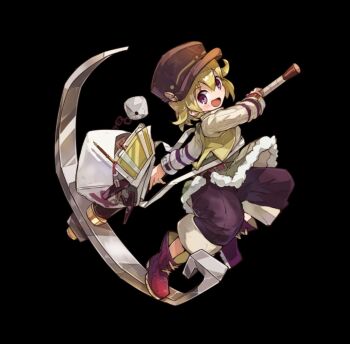 Rule 34 | 1girl, belt, black background, blonde hair, blush, breasts, brown belt, brown hat, etta (merc storia), full body, hair between eyes, hat, holding, holding pickaxe, large breasts, long hair, merc storia, merc storia art team, official art, open mouth, pants, pickaxe, purple pants, purple shoes, shirt, shoes, short hair, sidelocks, simple background, smile, solo, standing, tachi-e, vest, white shirt, yellow vest