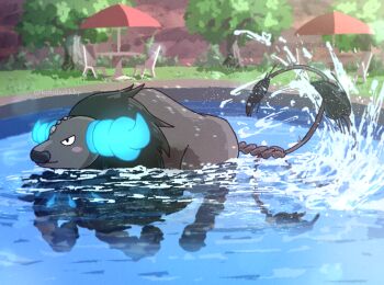 animal_focus blue_horns blush blush_stickers chair closed_mouth commentary_request day glowing_horns grass horns kotobukkii_(yt_lvlv) motion_blur multiple_tails nintendo no_humans outdoors paldean_tauros paldean_tauros_(aqua_breed) pokemon pokemon_(creature) pokemon_focus pool smile solo splashing swimming table tail tree twitter_username umbrella water