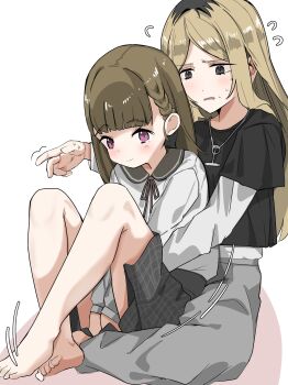 2girls absurdres barefoot black_hair black_shirt blonde_hair blush braid brown_hair center-flap_bangs chain chain_necklace closed_mouth commentary_request contrast_collar flying_sweatdrops grey_eyes grey_pants grey_skirt highres jewelry kachimachi_kosuzu kachimachi_kosuzu_(summer_casual) layered_shirt layered_sleeves link!_like!_love_live! llb long_sleeves love_live! multicolored_hair multiple_girls necklace nervous_sweating official_alternate_costume oomichi_hiromi pants parted_lips pink_eyes roots_(hair) rounded_collar shirt short_over_long_sleeves short_sleeves side_braids sitting sitting_on_lap sitting_on_person skirt smile split_mouth sweat toes virtual_youtuber white_shirt