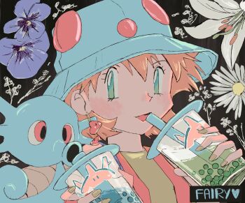 1girl :d black_background blue_flower blush bubble_tea character_name corsola cup disposable_cup drink drinking drinking_straw drinking_straw_in_mouth earrings eyelashes fairybees flower gen_1_pokemon gen_2_pokemon gen_3_pokemon green_eyes green_shirt hands_up hat holding holding_cup holding_drink horsea jacket jewelry looking_at_viewer luvdisc misty_(pokemon) nail_polish nintendo open_clothes open_jacket open_mouth orange_hair pokemon pokemon_(anime) pokemon_(classic_anime) pokemon_(creature) purple_flower red_eyes shirt short_hair sleeveless smile upper_body vest white_flower yellow_shirt