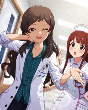 2girls :o blush breast_pocket brown_eyes brown_hair coat collared_shirt commentary_request doctor game_cg green_shirt hand_on_own_neck hat hospital idolmaster idolmaster_million_live! idolmaster_million_live!_theater_days indoors kitazawa_shiho long_hair looking_at_another multiple_girls name_tag nurse nurse_cap official_alternate_costume official_art one_eye_closed open_mouth pinstripe_pattern pinstripe_shirt pocket red_eyes red_hair shirt sweatdrop tanaka_kotoha third-party_source white_coat