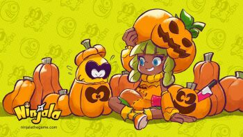 1boy 1girl animal_print ankle_socks aqua_eyes arm_warmers bat_print blinking_inside_eyes blue_eyes blunt_bangs character_background closed_mouth commentary copyright_name copyright_notice creature crossed_legs dark-skinned_female dark_skin dreadlocks dress emma_(ninjala) english_commentary english_text flying_sweatdrops gumchi gungho halftone halftone_background halloween_costume knife logo long_sidelocks looking_at_another ninjala official_art orange_arm_warmers orange_dress orange_shoes outline patchwork_clothes pocket polka_dot polka_dot_background pumpkin pumpkin_hat purple_outline rianti-wong second-party_source shadow shoe_soles shoes shuriken sidelocks sitting sleeveless sleeveless_dress socks stuck teeth turtleneck turtleneck_dress watermark weapon web_address yellow_socks