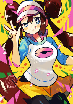 1girl :q anidler91 black_pantyhose blue_eyes blue_shirt closed_mouth commentary_request donut_hair_bun double_bun hair_bun hat highres looking_at_viewer nintendo pantyhose poke_ball_print pokemon pokemon_bw2 rosa_(pokemon) shirt smile solo standing tongue tongue_out twintails two-tone_shirt visor_cap w watermark white_hat white_shirt yellow_background
