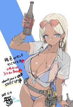 1977_oj3 1girl arm_up bandaid bandaid_on_face bandaid_on_nose beer_bottle belt bikini bikini_tan blonde_hair blue_bikini blue_eyes bottle bracelet breasts bucket centi_(nikke) centi_(ocean_repair)_(nikke) cleavage collarbone collared_shirt dark_skin dated earrings english_text eyewear_on_head front-tie_top goddess_of_victory:_nikke groin heart heart-shaped_eyewear highleg highleg_bikini highres holding holding_bottle hoop_earrings jewelry large_breasts long_hair looking_at_viewer navel necklace official_alternate_costume pouch see-through_clothes see-through_shirt shirt short_sleeves side-tie_bikini_bottom simple_background smile solo sunglasses swimsuit tan tanline tools translation_request white_background white_shirt wing_collar wrench