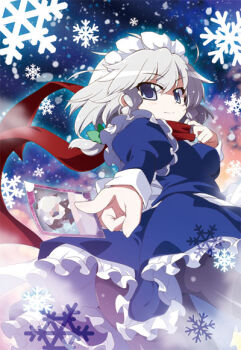 1girl akaneya apron black_pantyhose blue_eyes female_focus izayoi_sakuya juliet_sleeves long_sleeves looking_at_viewer looking_back maid maid_apron maid_headdress outstretched_arm outstretched_hand pantyhose perfect_cherry_blossom puffy_sleeves red_scarf scarf shirt silver_hair skirt skirt_set smile snowflakes solo spell_card touhou upskirt waist_apron