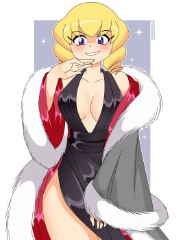 Rule 34 | 1girl, absurdres, artist name, bare shoulders, black dress, blonde hair, breasts, coat, domino (pokemon), dress, drill hair, eyelashes, fur coat, fur trim, gown, hand on own chin, highres, nico-neko, nintendo, pokemon, pokemon (anime), pokemon (classic anime), purple eyes, satin, silk, smile, smug, standing, teeth, twin drills, twitter username, white background