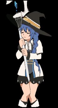 1girl animated animated_gif between_legs black_skirt blue_eyes braid closed_eyes commentary english_commentary feet_out_of_frame hat kono_subarashii_sekai_ni_shukufuku_wo! large_hat long_braid long_hair long_sleeves mage_staff mushoku_tensei roxy_migurdia scene_reference shirt simple_background skirt solo staff standing valenstein white_background white_shirt witch_hat