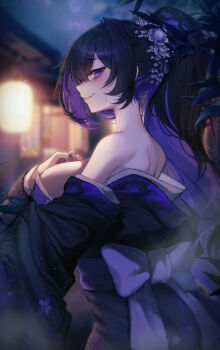 1girl absurdres alternate_costume alternate_hairstyle bagya black_hair black_kimono breasts commentary from_side goddess_of_victory:_nikke highres japanese_clothes kimono label_(nikke) large_breasts long_hair looking_at_viewer mole mole_on_breast multicolored_hair night pink_hair ponytail purple_eyes purple_hair sweater symbol-only_commentary two-tone_hair very_long_hair