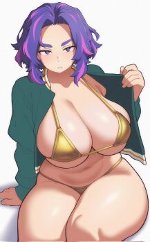 1girl armpit_crease bikini boku_no_hero_academia breasts cleavage curtained_hair curvy evoltodraw gold_bikini hand_on_ground highres huge_breasts jacket lady_nagant looking_at_viewer micro_bikini multicolored_hair navel on_ground open_clothes open_jacket parted_lips pink_hair pulling_own_clothes purple_eyes purple_hair shadow short_hair simple_background sitting skindentation solo streaked_hair swimsuit teeth thick_thighs thighs two-tone_hair white_background wide_hips