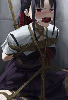 1girl arms_behind_back ball_gag bdsm black_dress black_hair blush bondage bound bound_arms bound_legs bound_torso collared_dress commentary_request dress folded_ponytail gag gagged hair_ribbon indian_style itou_tatsuya kaguya-sama_wa_kokurasetai_~tensai-tachi_no_renai_zunousen~ looking_at_viewer neck_ribbon paid_reward_available red_eyes red_ribbon restrained ribbon rope school_uniform shibari shibari_over_clothes shinomiya_kaguya shuuchiin_academy_school_uniform sitting solo tearing_up