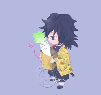 1boy bag black_eyes black_hair black_jacket black_pants blue_background buttons chibi chibi_only commentary demon_slayer_uniform food gold_buttons hair_between_eyes haori highres holding holding_bag jacket japanese_clothes katana kikkoumon kimetsu_no_yaiba long_hair low_ponytail male_focus pants ponytail print_haori profile red_haori rioja_tinto solo spiked_hair standing sword tomioka_giyuu translation_request untranslatable_commentary vegetable weapon