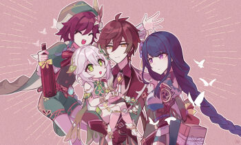 2boys 2girls absurdres antenna_hair arm_up armor blunt_bangs bottle braid bridal_gauntlets brown_eyes brown_hair brown_suit bug butterfly c520gpss capelet carrying carrying_person chinese_clothes chinese_commentary closed_eyes dress floating flower formal_clothes friends frilled_sleeves frills genshin_impact gradient_hair green_capelet green_dress green_eyes green_hair green_hat hair_between_eyes hair_flower hair_ornament happy hat head_tilt highres holding insect japanese_clothes kimono leaf_hair_ornament light_smile long_braid long_hair long_sleeves looking_down looking_up mitsudomoe_(shape) multicolored_hair multiple_boys multiple_girls nahida_(genshin_impact) off_shoulder open_mouth purple_eyes purple_hair purple_kimono raiden_shogun red_sash sash shoulder_armor side_braids side_ponytail single_braid standing streaked_hair suit symbol-shaped_pupils tomoe_(symbol) upper_body venti_(genshin_impact) wine_bottle zhongli_(genshin_impact)